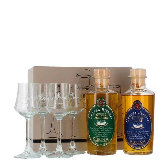 Sibona Grappa Riserva Botti da Rum - Botti Madeira + 4 Calici (cofanetto)